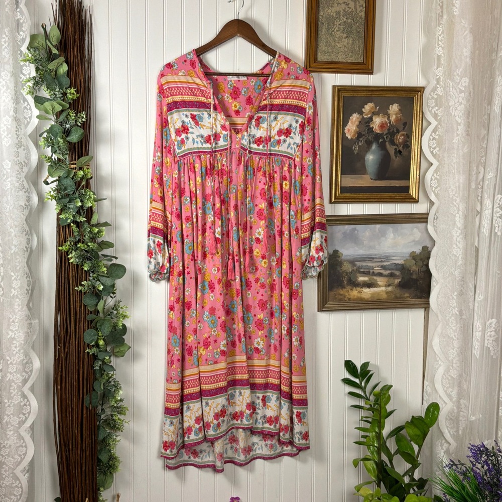 R.Vivimos Floral Midi Dress Women Size M Pink Excellent Boho Tassel Tie Neck